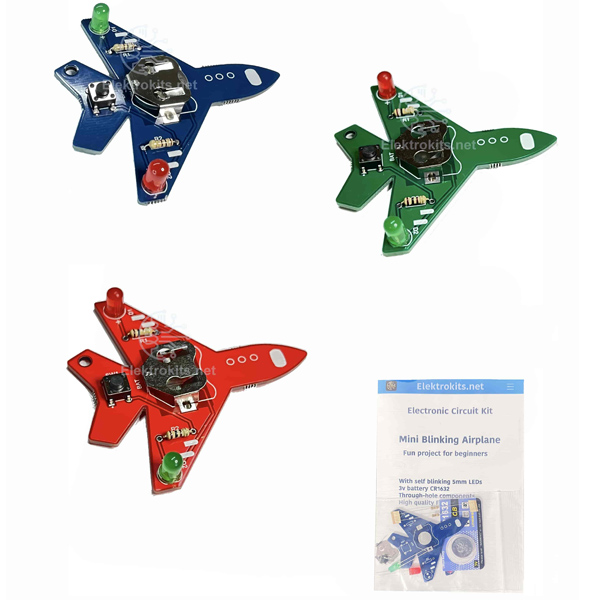 Mini Blinking Airplane PCB Kit components and packaging in multiple colors for DIY soldering projects