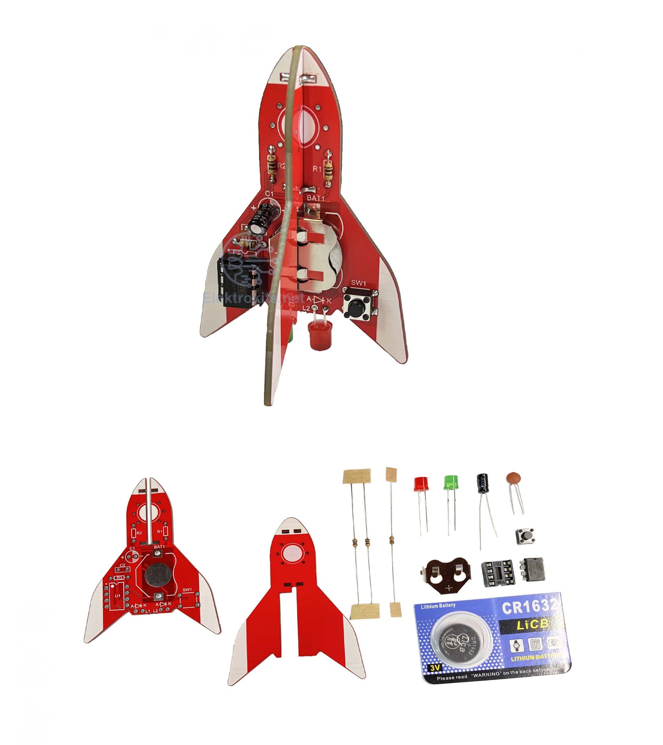 Rocket-shaped soldering kit with components laid out including PCB boards, LEDs, resistors, capacitors, battery holder, button switch, and CR1632 lithium battery. Educational PCB Kits for classrooms and hobbyists.