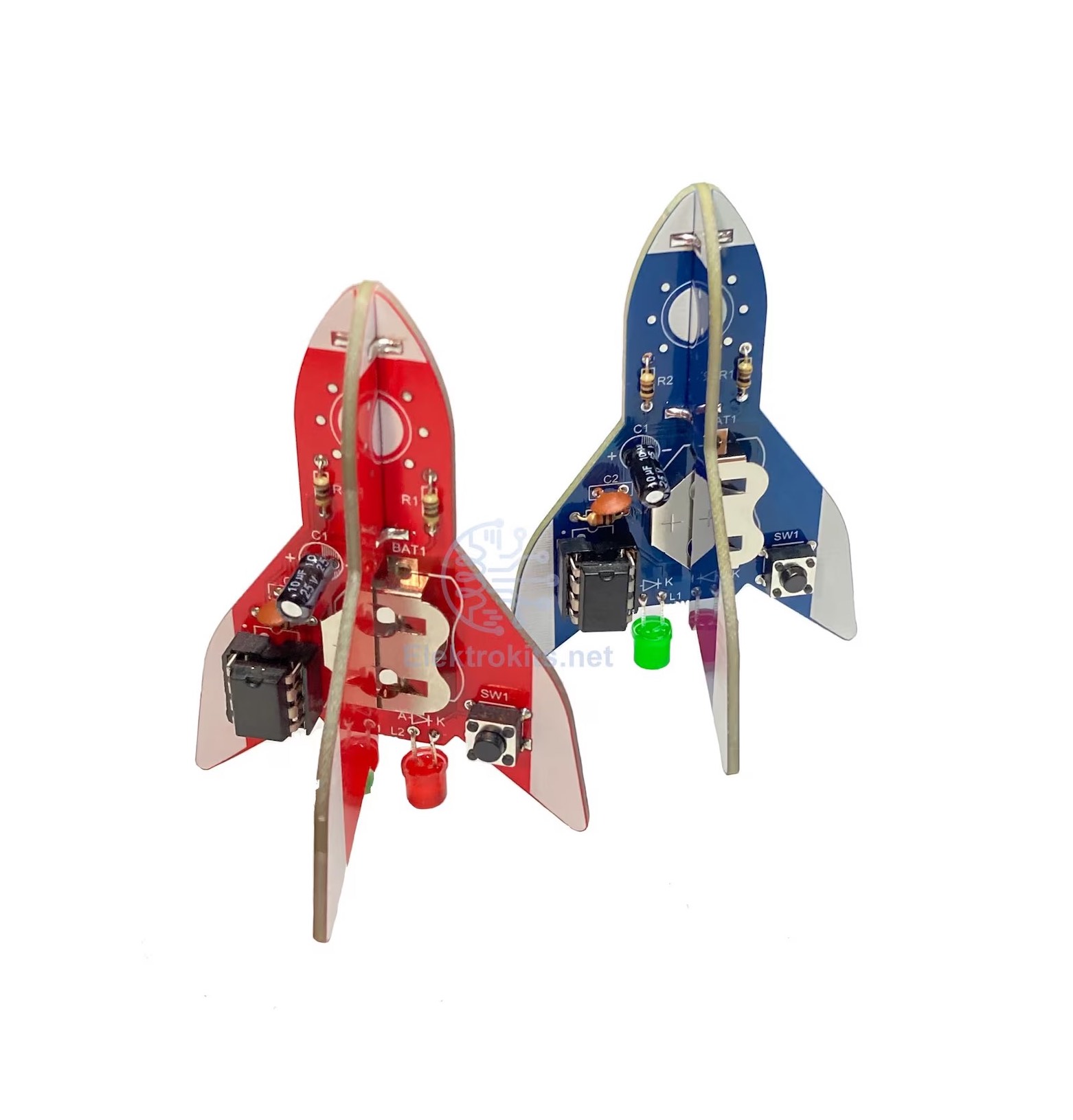Mini Blinking PCB Rocket Kit with LED lights, a microcontroller, and through-hole components for a fun DIY soldering project