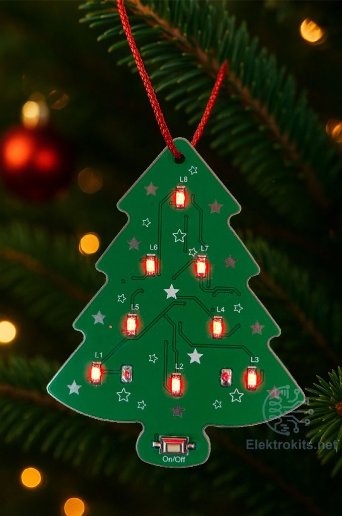 Assembled PCB Christmas Tree with blinking red LEDs